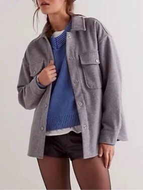 Free People We the Free Lola Shirt Jacket Grey Melange Sz L Boxy Oversized